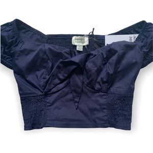 Unique Vintage Cute Sailor Off-shoulder Crop Top Dark Navy Blue‎ 97% Cotton